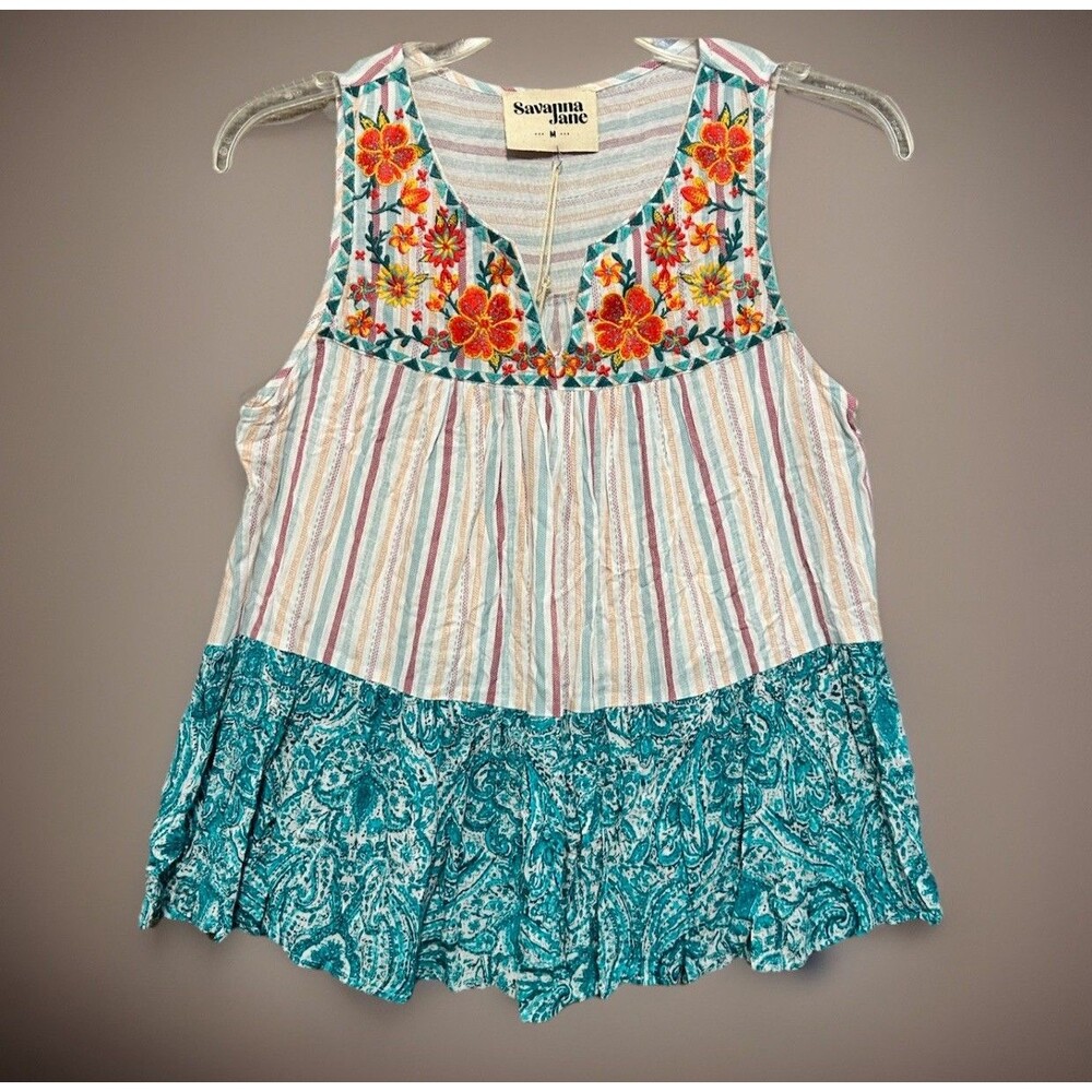 NEW Savanna Jane Embroidered Top Blouse Women's M Colorful Tiered Peasant